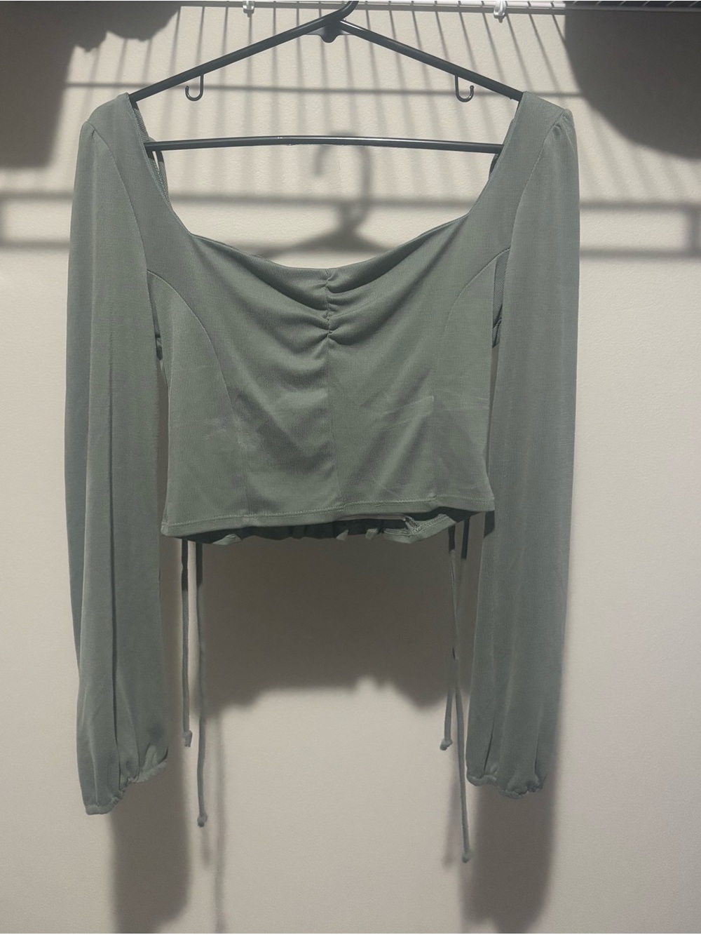 Square-Neck Long Sleeve Crop Top in Sage Green